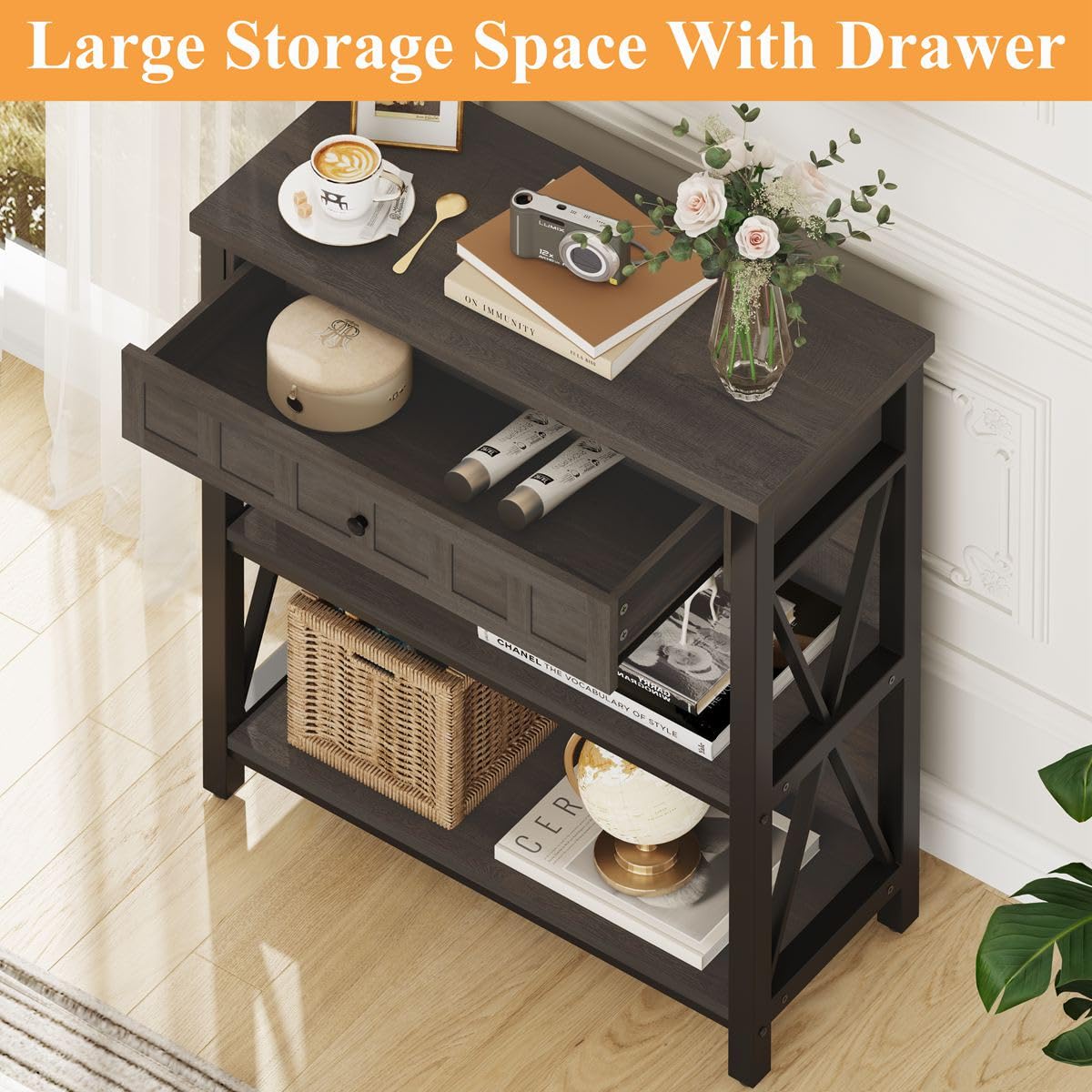 FATORRI Rustic Bookshelf with Drawer, Industrial Wood and Metal Bookcase, Small Book Shelf and Low Book case for Small Space (Walnut Brown) FATORRI