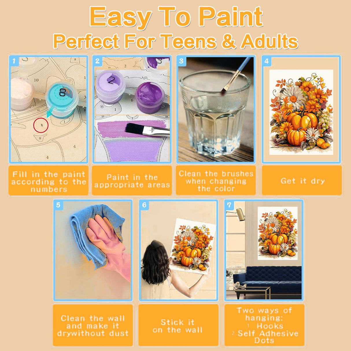 Meothan Paint by Numbers Kits for Adults Framed, Fall Paint by Number for Adults Beginners, Autumn Pumpkin Paint by Numbers Kits on Canvas with Framed for Home Wall Decor 12x16inch (with Easel) Meothan