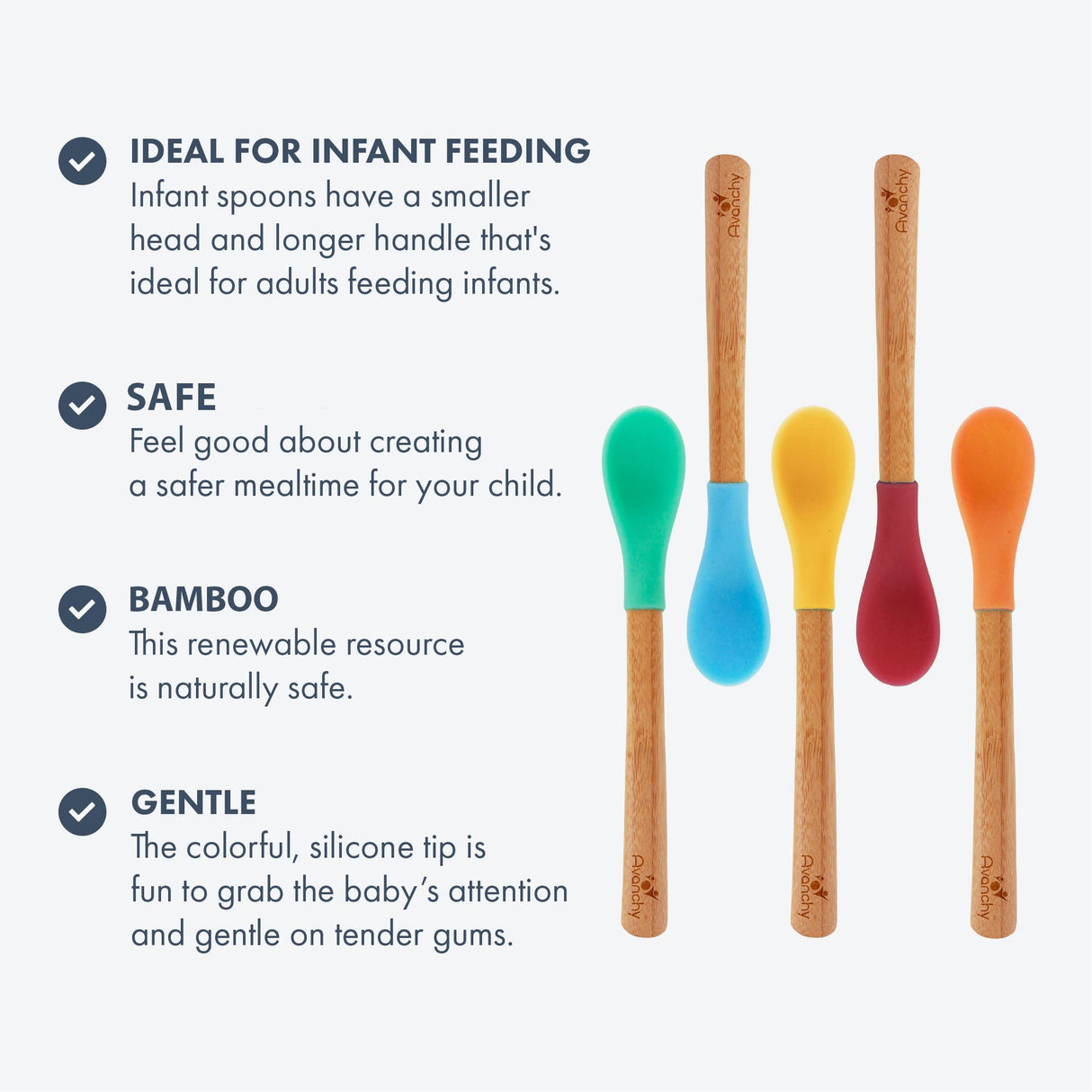Avanchy Bamboo & Silicone Infant Training Spoons, BPA Free - Soft Tip, Easy on Gums, First Stage Feeding Utensils for Baby-Led Weaning, Self-Feeding, Orange Avanchy