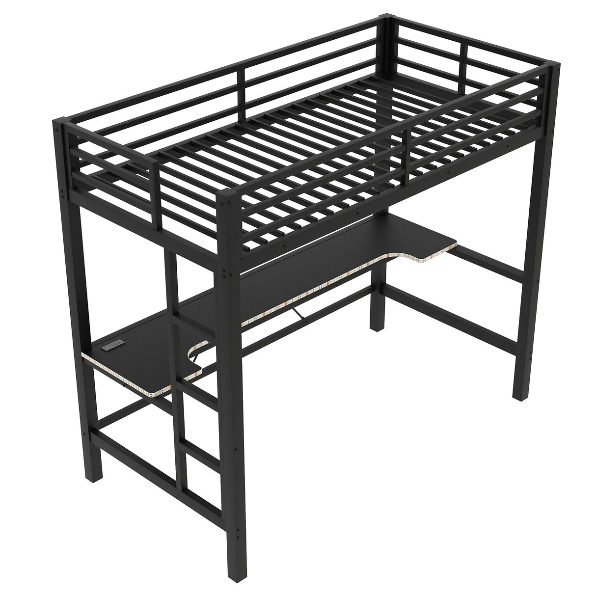 RuiSiSi Twin Size Metal Loft Bed with LED Light and Desk, Black Loft Bed with Storage for Kids, Noise Free RuiSiSi