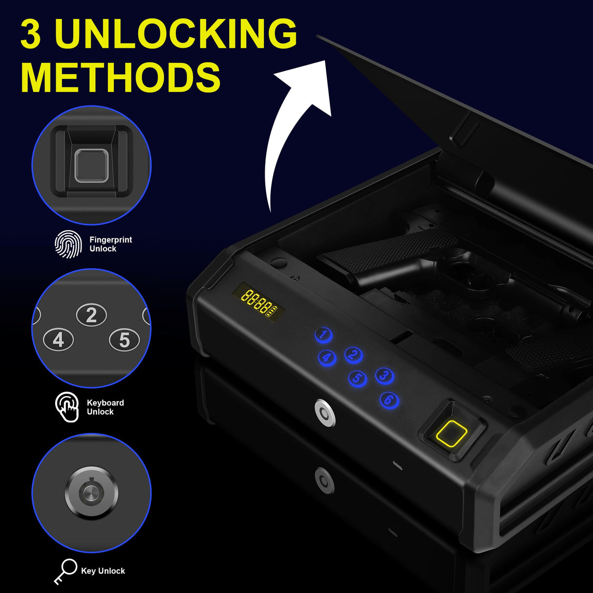 Gun Safe, Biometric Gun Safes for Handgun with 3 Ways Unlock Safe Fingerprint Digital PIN Key Fingerprint Quick Access Pistol Safe for Car Nightstand Living Room StormRift
