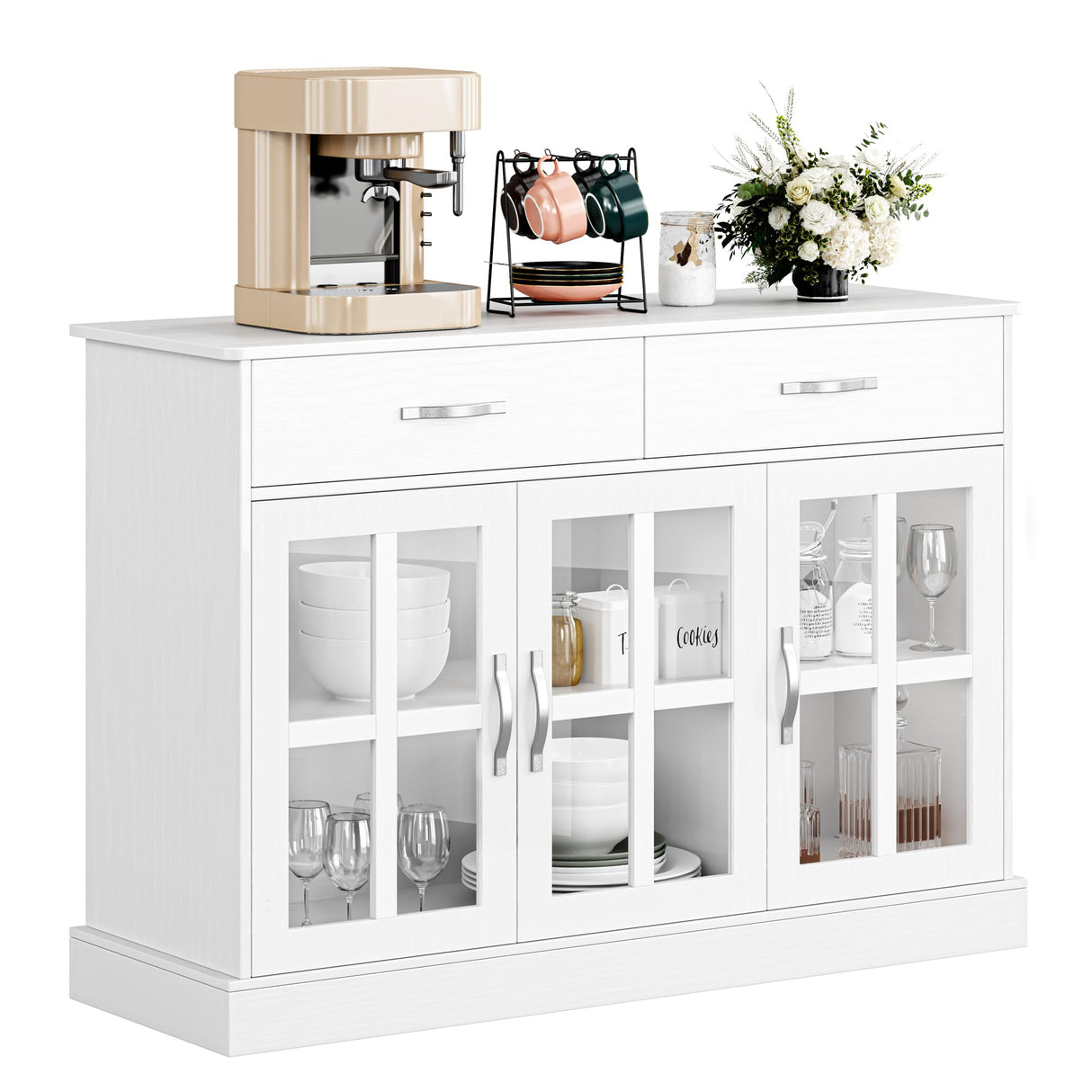 FOTOSOK Sideboard Buffet Cabinet with Glass Doors, Buffet Sideboard Kitchen Sideboard Cabinet Buffet Table with 2 Storage Drawers & Shelves for Dining Living Room, White FOTOSOK