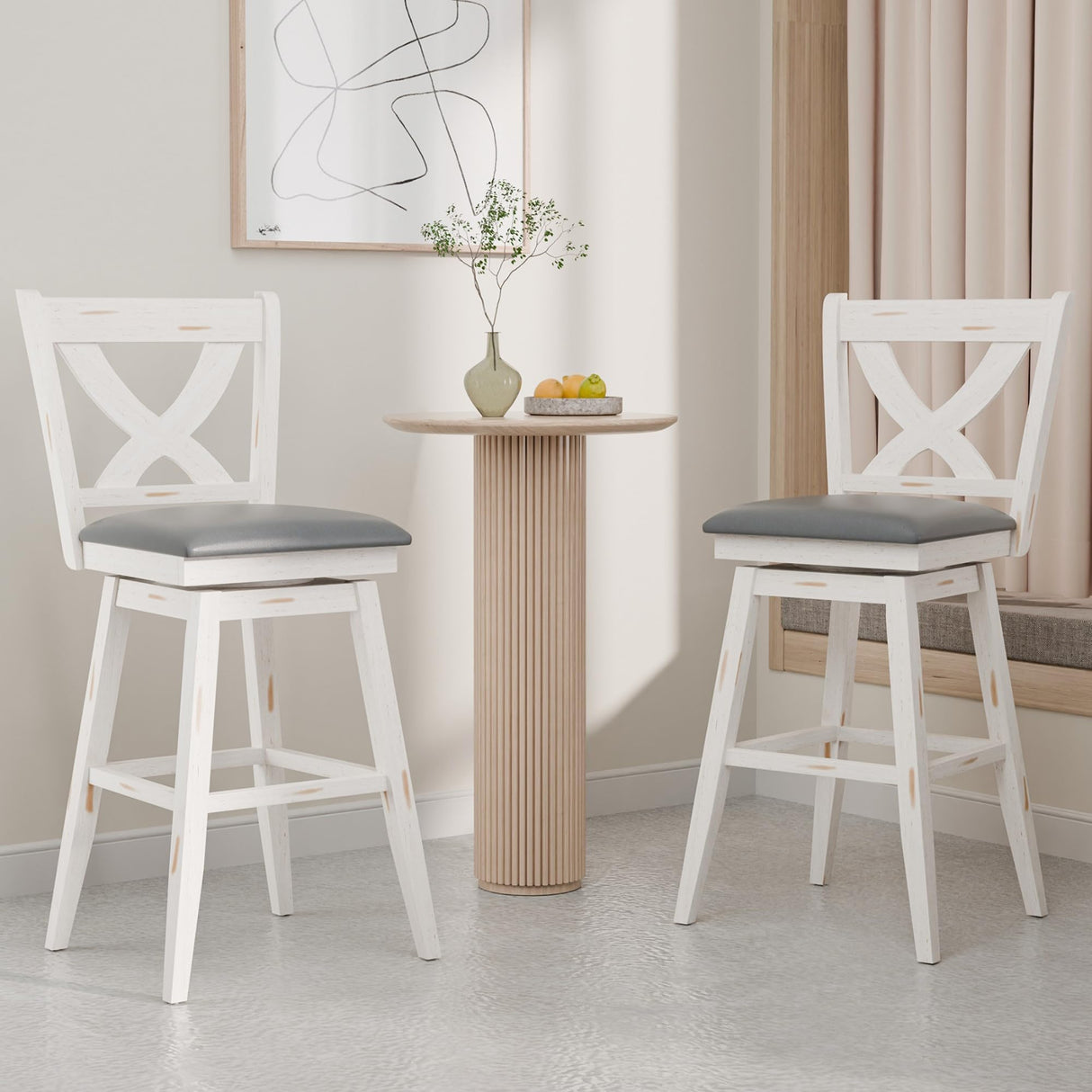MU 29 Inch Bar Height Swivel Stools, Kitchen Island Chairs with Back, Upholstery Bar Stool with Wood Footrest Legs, Counter Stools for Pub, Bar, Restaurant (Antique White and Grey, Set of 2) MU