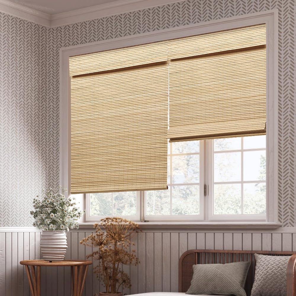 LUCKUP Cordless Natural Bamboo Roman Blinds - Blackout Shades with Valance Cover for Enhanced Privacy 34" W x 64" H LUCKUP