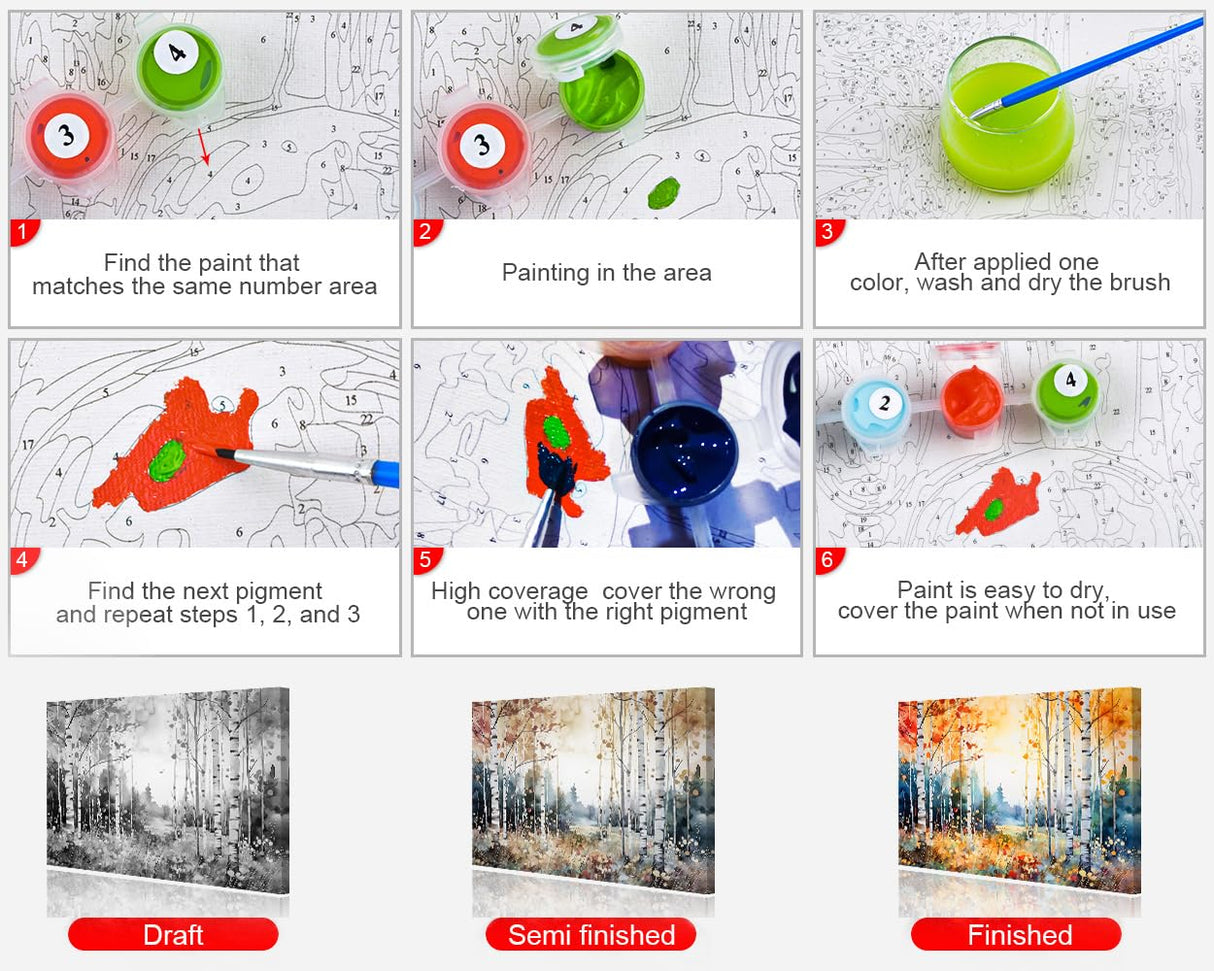 Paint by Numbers Birch Forest in Autumn Season DIY Paint by Numbers Kit for Adults and Kids DIY Canvas Painting by Numbers Watercolor Oil Painting Acrylic Painting Arts and Craft Framed 16x20 Inch TUMOVO