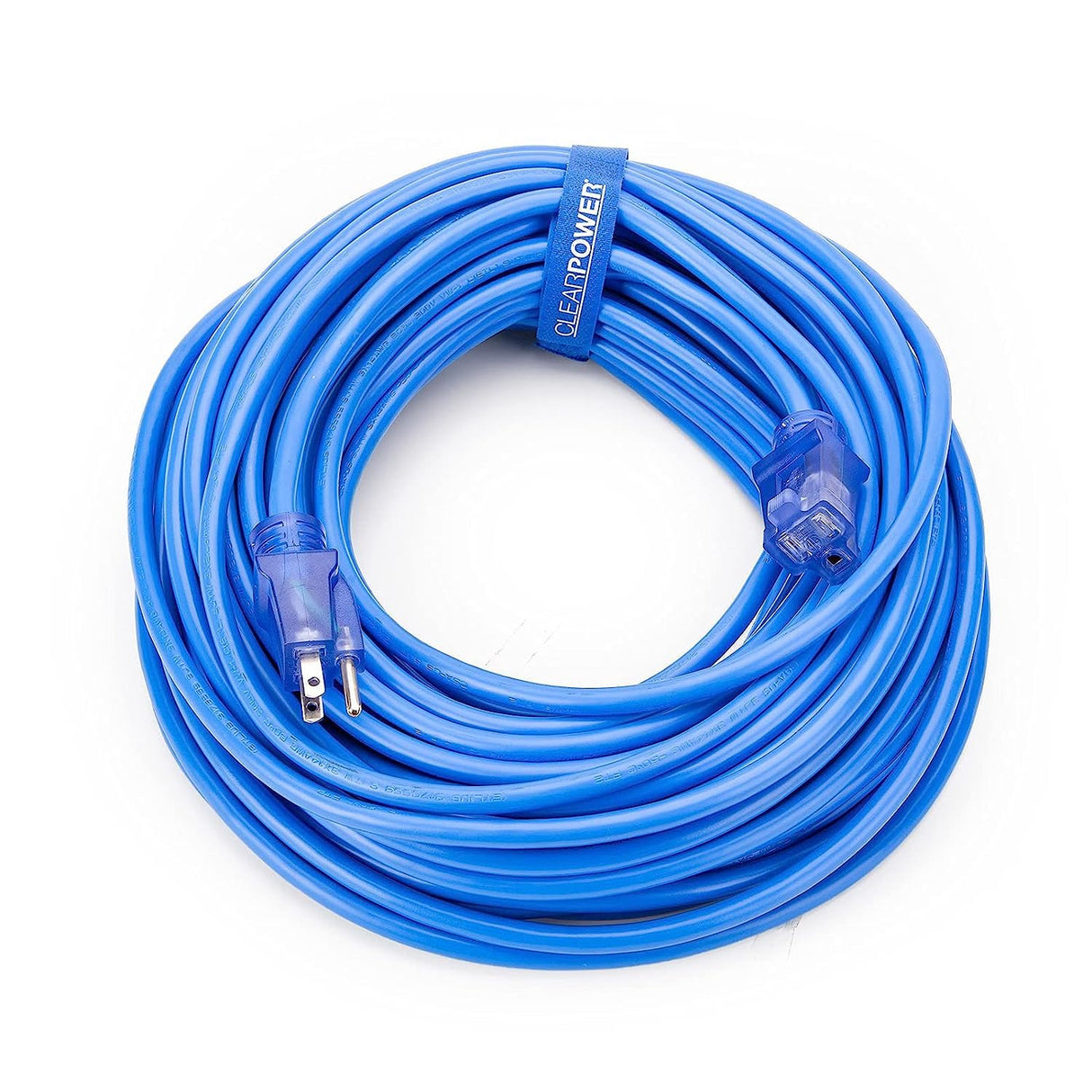 Clear Power 100 ft 14/3 SJTW -50°C Extreme Cold Weather Outdoor Indoor Extension Cord, Blue, Grounded Plug and Lighted Connector, Ideal for Snow Blowers and Power Tools, DCOC-0078-DC Clear Power