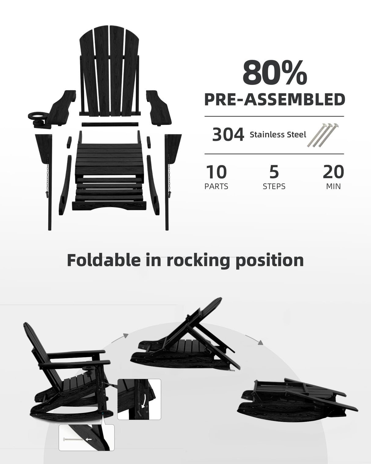 Serique 4-in-1 Multifunctional Folding Adirondack Rocking Chair, Patio Chair with Retractable Ottoman, Outdoor Chair Wood Texture, Lawn Chair for Porch, Backyard, Pool(Black) Serique