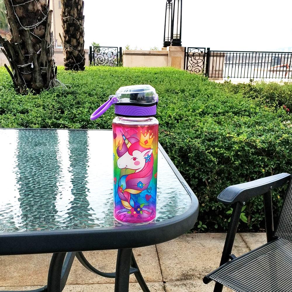 Cute Water Bottle for School Kids Girls, BPA FREE Tritan & Leak Proof & Easy Clean & Carry Handle, 23oz/ 680ml - Unicorn Home Tune