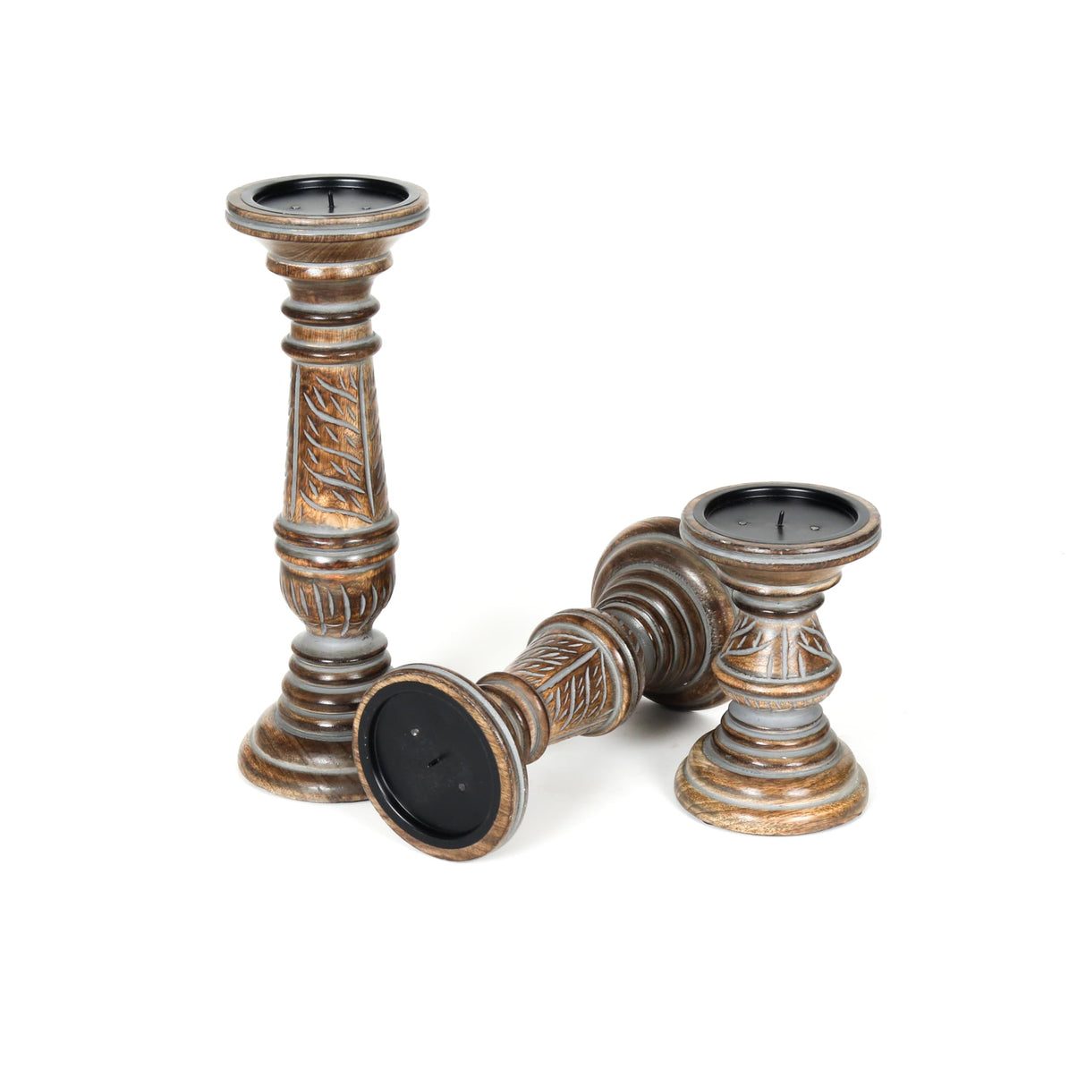 Candle Holders for Pillar Candles (Grey Wash, Set of 3) - Mangowood Candle Stand - Farmhouse Wooden Candle Holders Pillar Leaf Design - Candle Holder Decor for Table Centerpiece - 6”, 9”, 12” The Wooden Town