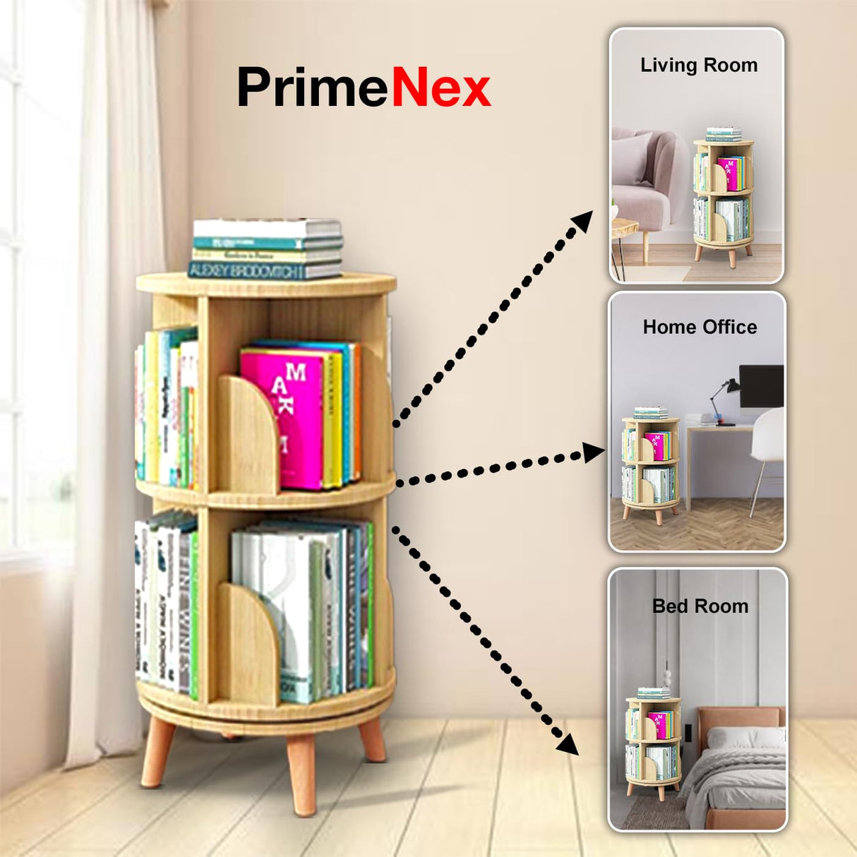 PrimeNex Rotating Bookshelf Tower 360° Display Bookcase, 2 Tier Floor Standing Book Shelf Storage Rack for Kids&Adult, Solid Wood Small Corner Bookshelf Organizer for Bedroom, Living Room, Natural PrimeNex