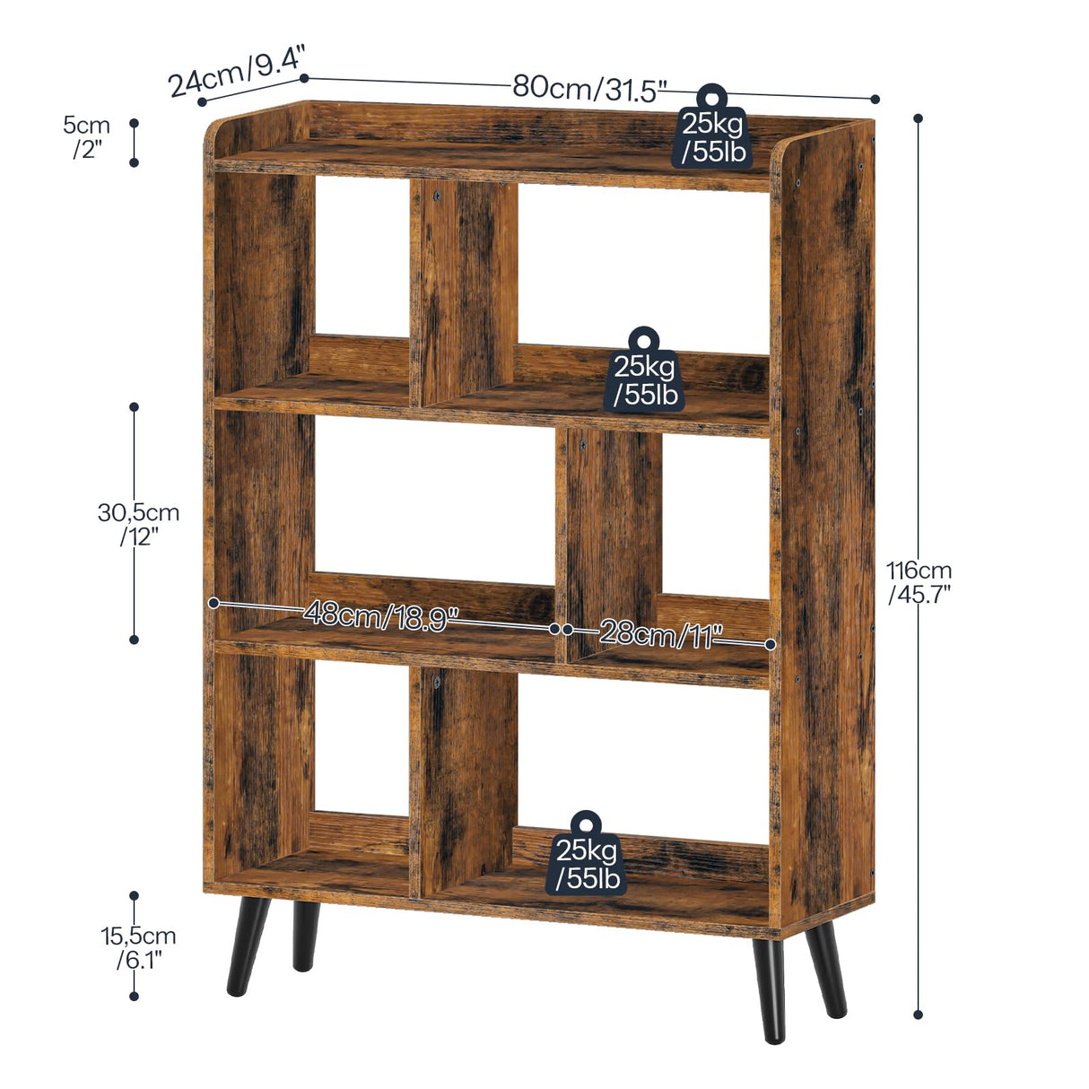 HOOBRO 6 Cube Bookshelf, 4 Tier Bookcase with Legs, Mid-Century Modern Bookshelves, Large Open Storage Shelf, Wooden Book Case for Living Room, Bedroom, Office, Kitchen, Rustic Brown FG116SJ01 HOOBRO