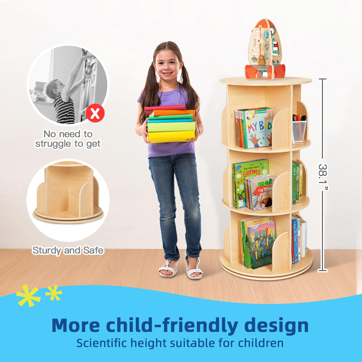 OOOK Kids Rotating Bookshelf Tower, Small Corner Bookshelf for Small Space, 360 Display 3 Tier Floor Standing Montessori Bookshelf Storage Rack, Large Chassis Spinning Bookshelf for Kids Room, Nursery OOOK
