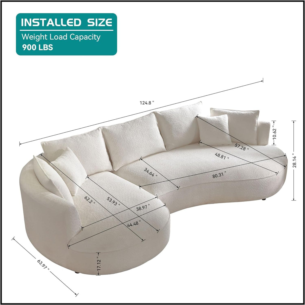 KEVINSPACE 125" Curved Sofa Modern Curved Couch Living Room Modular Sectional Sofa Set 4 Seat Cream Sofa Mid Century Upholstered Couch Boucle Fabric Sofa for Bedroom Apartment Left Hand Facing KEVINSPACE