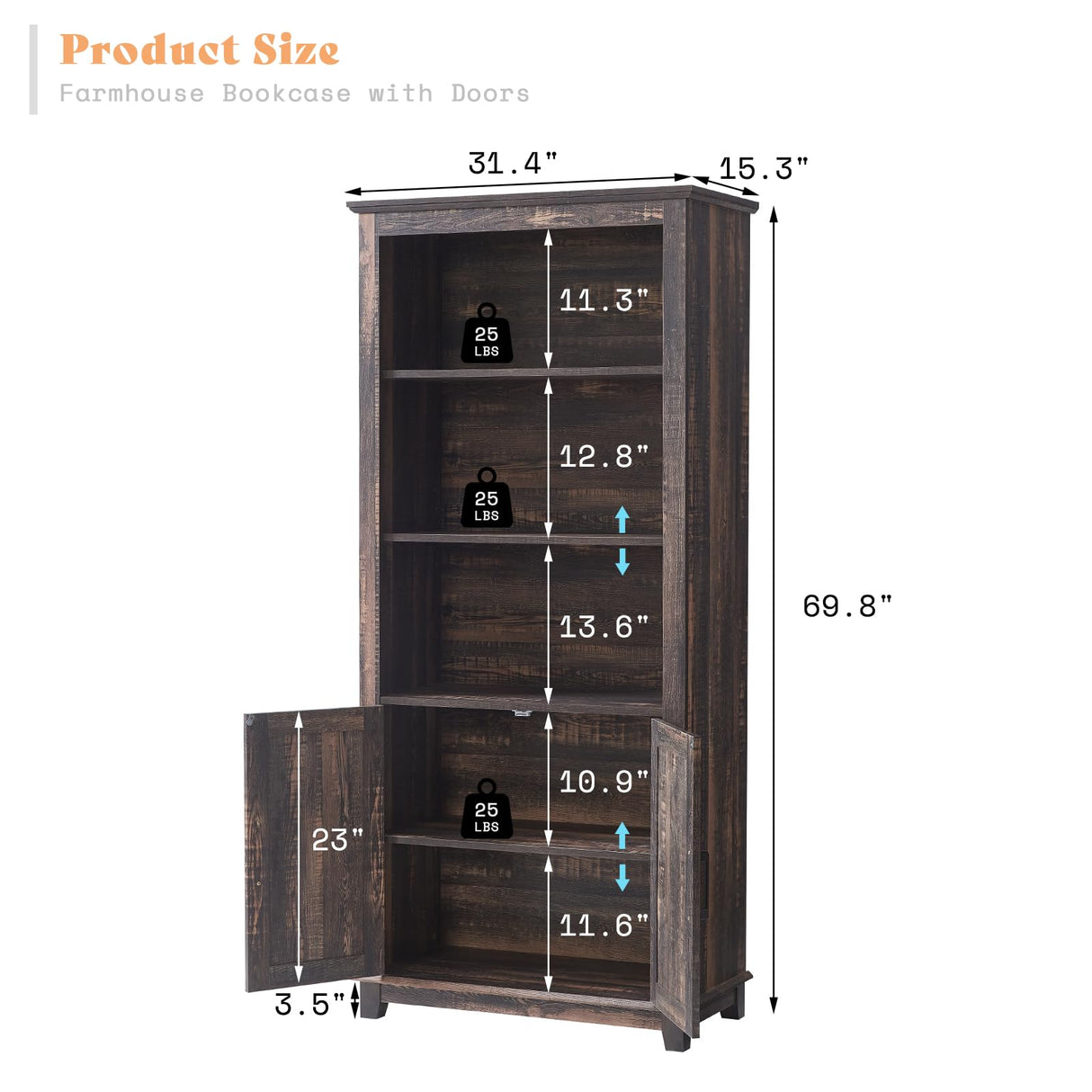 AMERLIFE Farmhouse Bookcase with Doors, 5 Shelf Bookshelf Storage Cabinet with Adjustable Shelves & Barn Door, Versatile Storage Pantry Cabinet for Bedroom, Living Room, Kitchen, Rustic Oak Black AMERLIFE