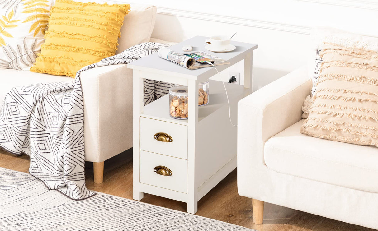 PHI VILLA Narrow End Table with 2 Drawers Nightstand Side Table Bedside Tables Small Sofa Table for Living Room Bedroom PHI VILLA