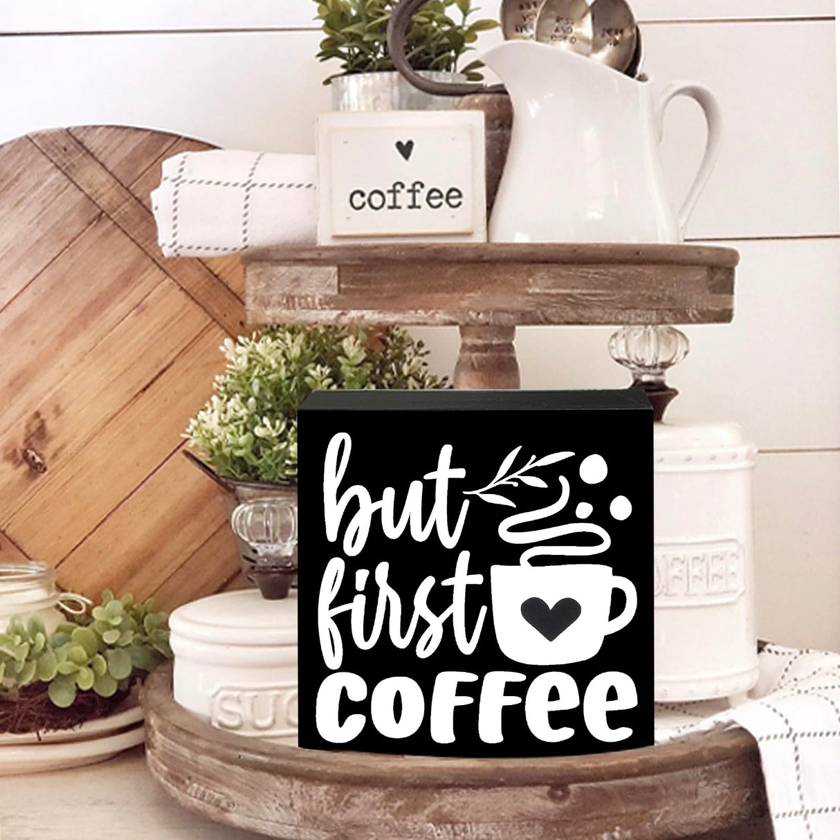 Coffee Bar Decor, But First Coffee Sign, Coffee Bar Sign, Wood Box Sign for Rustic Farmhouse Kitchen Tiered Tray Decor, Coffee Bar Accessories Coffee Station Decor HEYTUYA