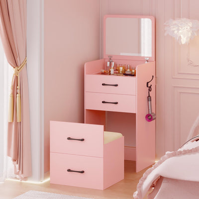 Gurexl 3 in 1 Pink Vanity Desk with Plip Top Mirror,Small Make Up Vanity Set with Visible Glass Desktop,Compact Makeup Vanity with 3 Drawers,Cushioned Tool,Dressing Table for Bedroom
