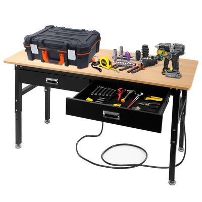 60'' Adjustable Workbench with Power Outlet,Workbenche with Drawer for Garage,2700 Lbs Capacity Hardwood Workbench,Heavy Duty Table for Workshop Office Home Commercial