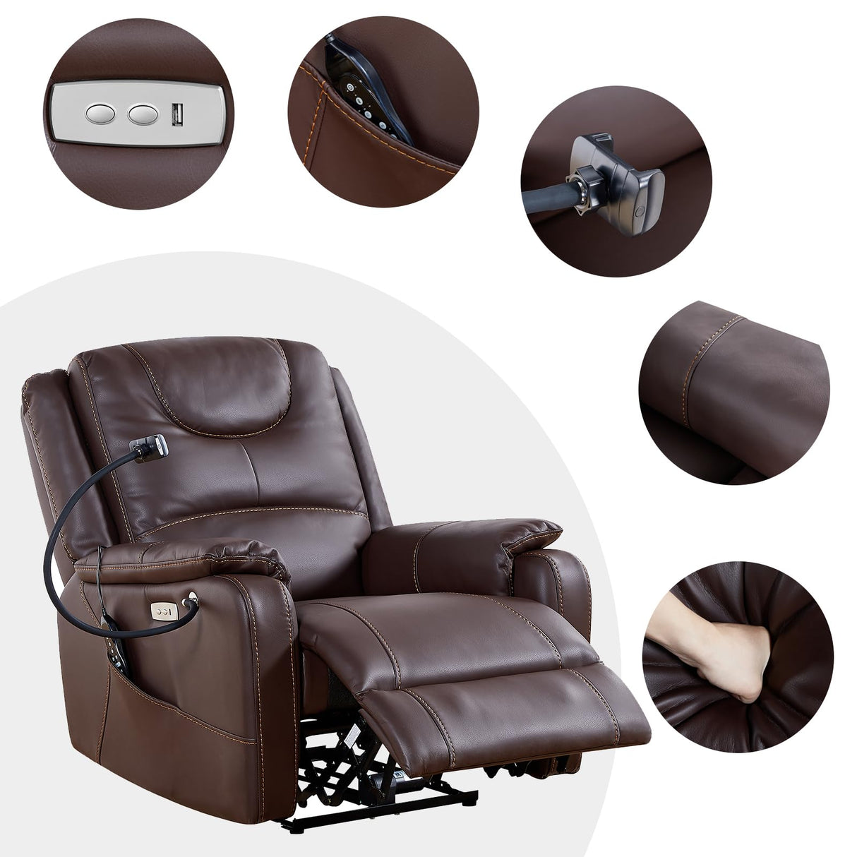 SoarTalent Zero Gravity Power Recliner Chairs for Adults 139°Single Sofa Chair Massage and Lumbar Heating with USB Port, Phone Holder, Side Pocket, Eco Leather(Brown) SoarTalent