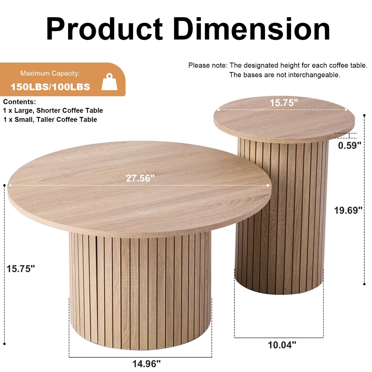 Lecafur HL Round Nesting Coffee Tables Set of 2 -φ27.6 Large Short + φ15.8 Small Tall Boho Circle Side Tables with Fluted Drum Design Lecafur HL