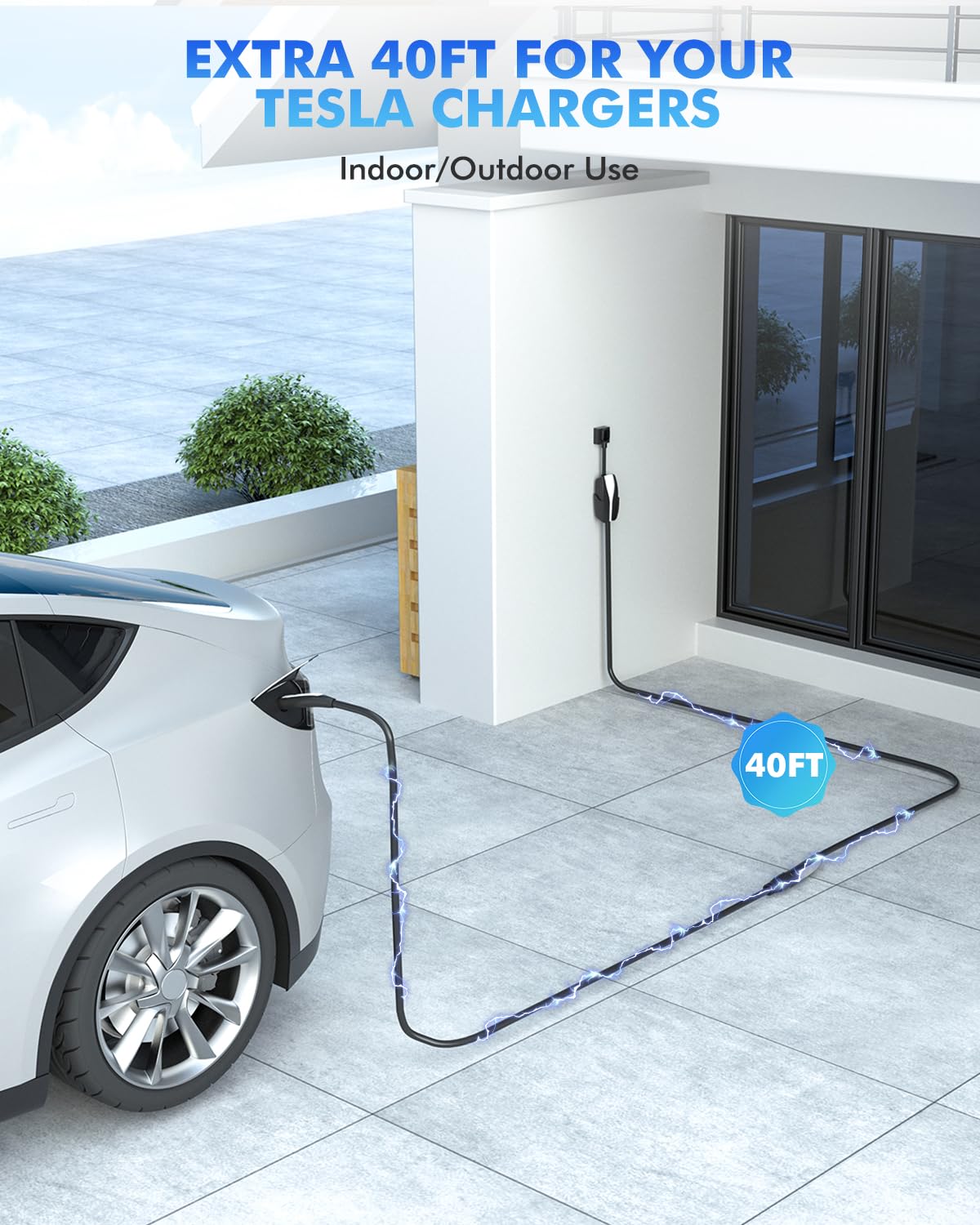 EV Charger Extension Cable for Tesla 50Amp 40ft Up to 240V 12kW with NACS Plug, EV Extension Cord for Level 1/2 Tesla Mobile Charger/Wall Connector, Extension Cable for Tesla Model-Y/X/3/S/Cybertruck SEGUMA