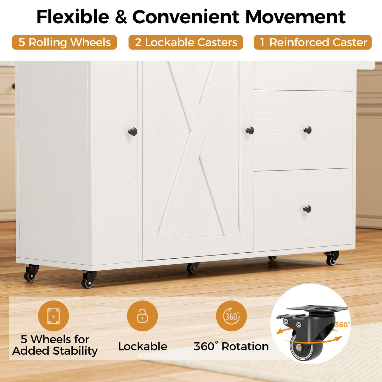 IRONCK Kitchen Island with Storage, 47.2in Rolling Island on Wheels, Kitchen Cart with Drop Leaf, 3 Spacious Drawers, Storage Cabinets and Towel Rack for Home, Dining Room IRONCK