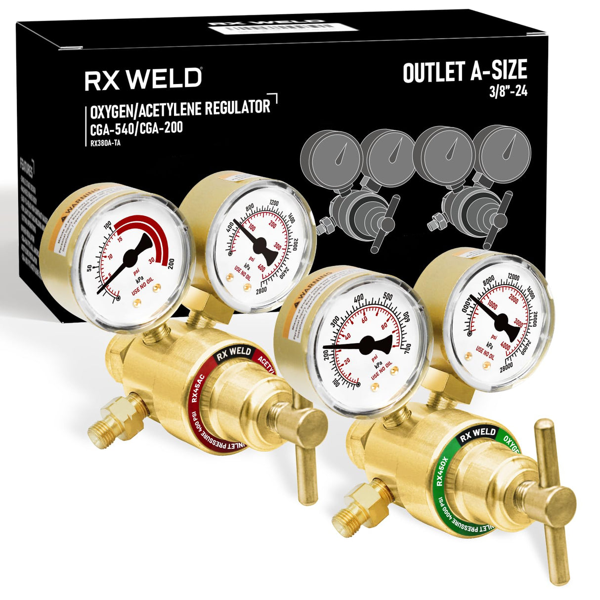 RX WELD Small Oxygen Acetylene Regulator Set, CGA540 and CGA200 Fit Outlet Thread 3/8"-24 Hose A-Size RX WELD