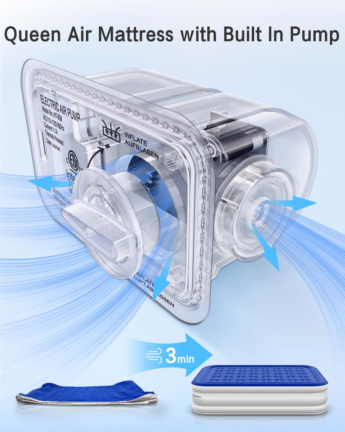 Xsleep Queen Air Mattress with Built in Pump Luxurious Comfort 16" Raised Inflatable Mattress Queen Airbed Blow Up Mattress for Home Guests 80"*60"*16" Air Bed 3 Mins Fast Inflate/Deflate 660 lbs Max Xsleep