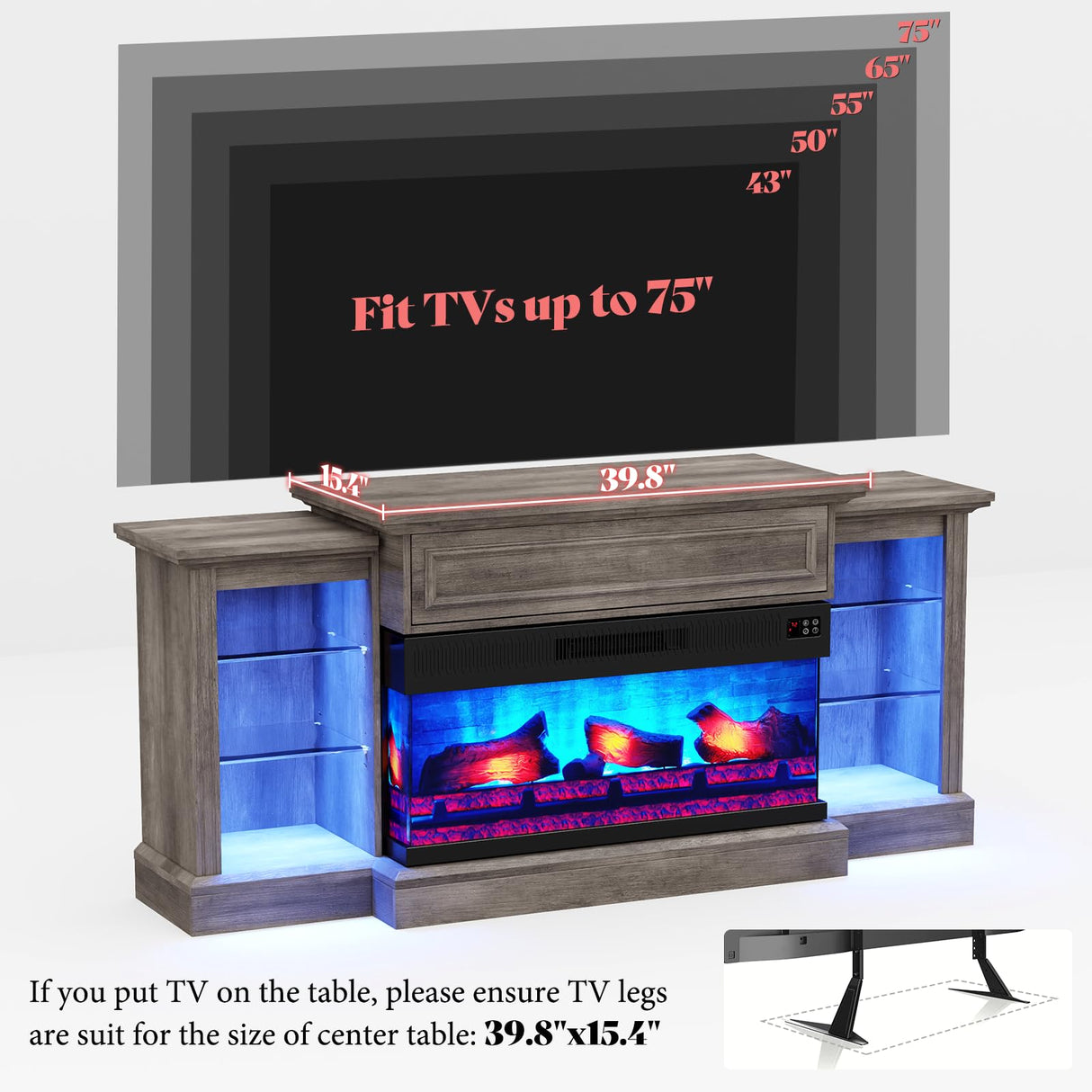 AMERLIFE 70" Electric Fireplace with Mantel, Farmhouse 3-Sided Fireplace TV Stand for TVs up to 75 Inch, Entertainment Center with Adjustable Shelves & LED Light, Rustic Grey AMERLIFE