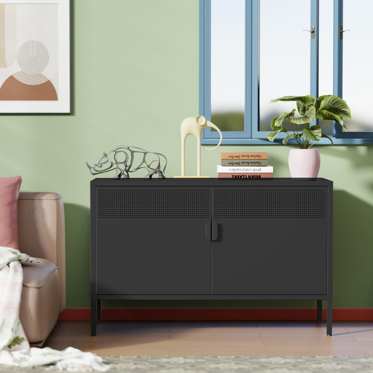 Ustamio Black Wide Metal Locker Storage Cabinet, 2 Door Metal Accent Cabinet for Home and Office, 2 Tier Low Metal Cabinet with Doors and Shelf, Multipurpose Metal Tv Stand Cabinet Ustamio