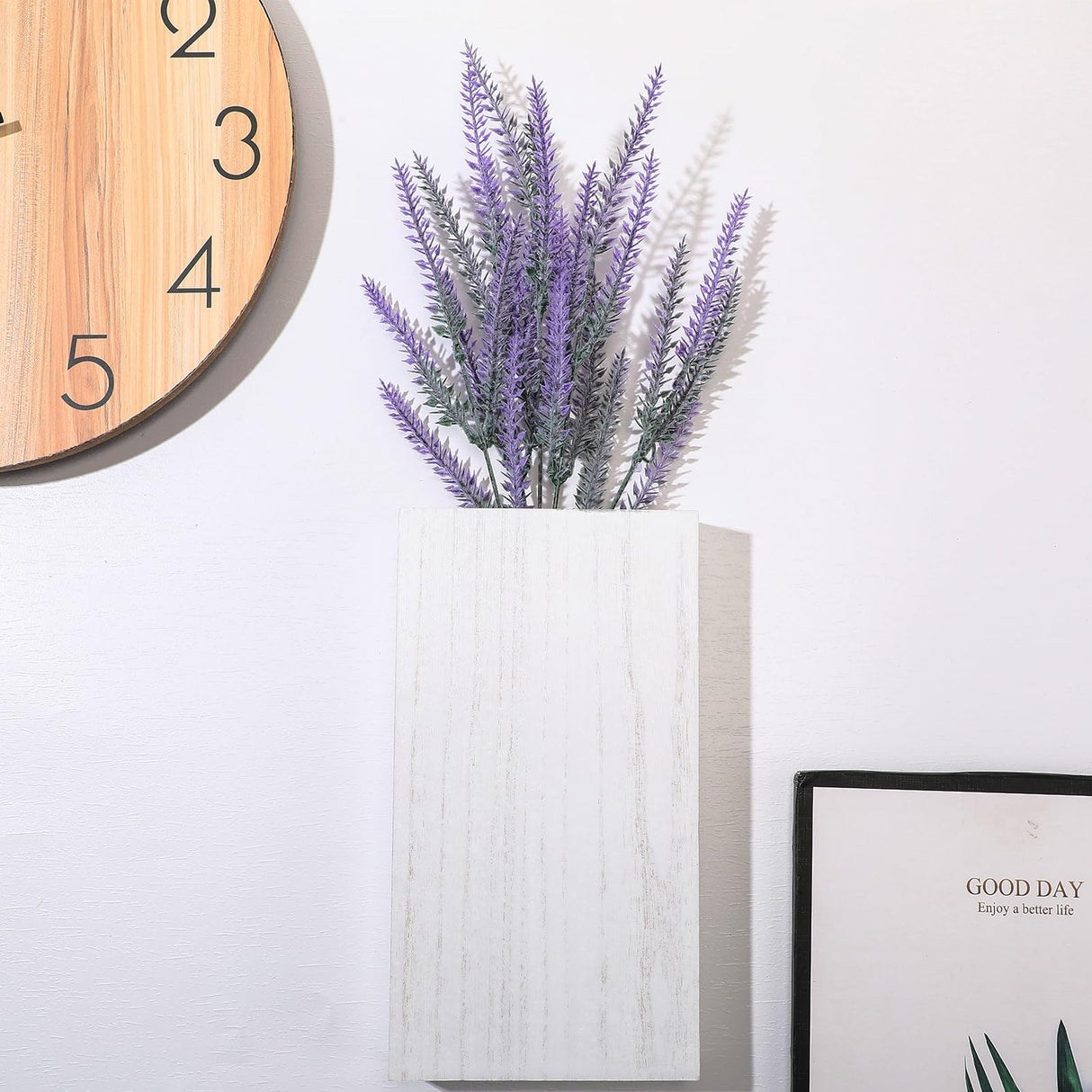 Vesici 2 Pack Wood Wall Planter Vase with Artificial Plants Indoor Plants Holder Pocket Farmhouse Wooden Vases Wall Flower Vase Hanging Plant Decor for Bedroom Kitchen Office Home (White,Lavender) Vesici
