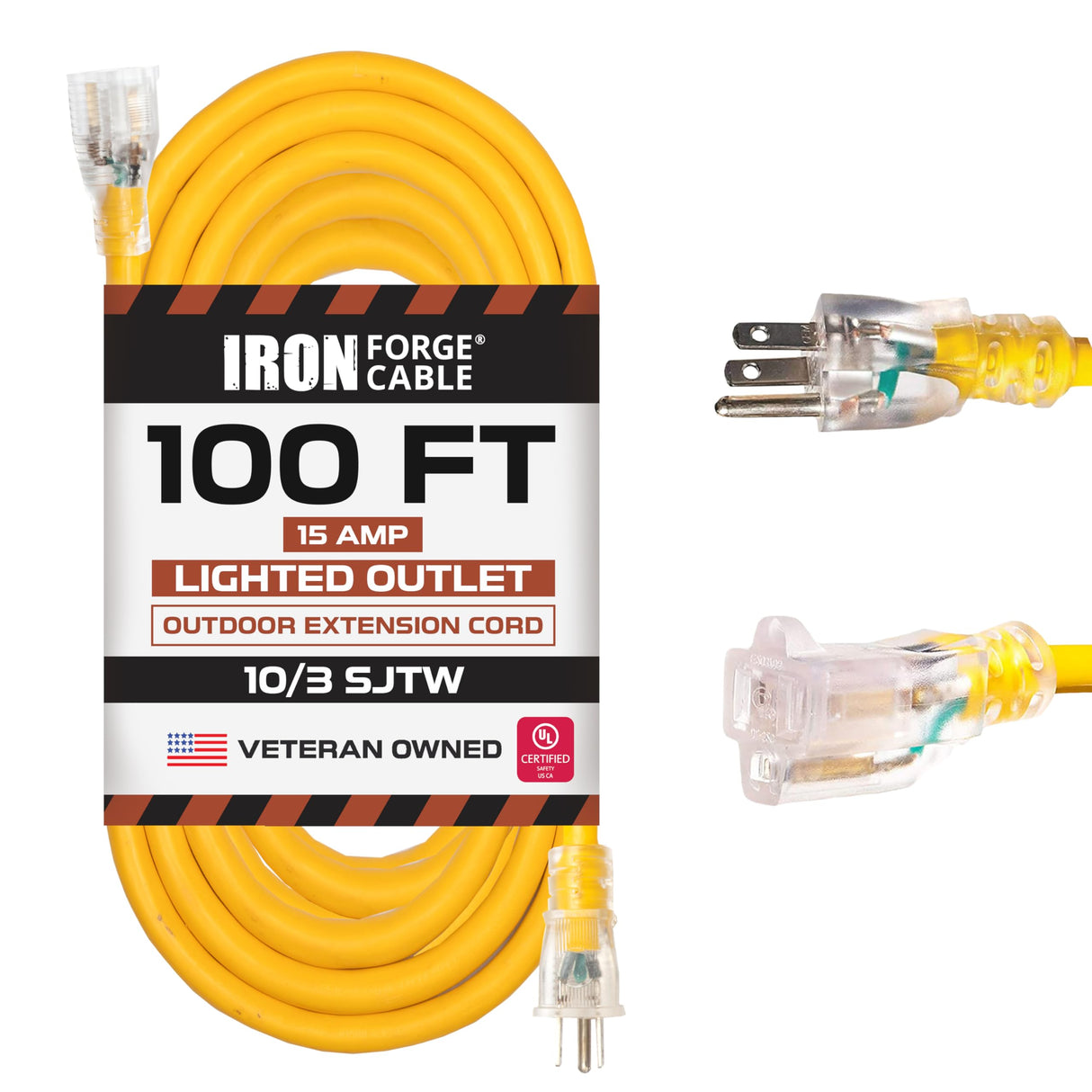 Iron Forge Cable 100 Foot Lighted Outdoor Extension Cord - 10/3 SJTW Yellow 10 Gauge Extension Cable with 3 Prong Grounded Plug for Safety, 15 AMP - Great for Garden and Major Appliances IRON FORGE CABLE