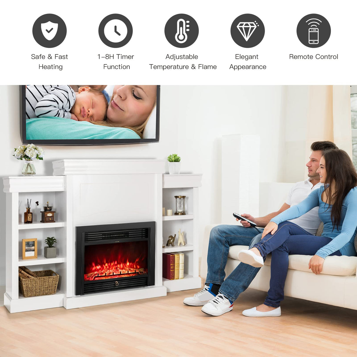 Tangkula 70 Inches Mantel Fireplace, 750W/1500W Electric Fireplace w/Mantel & Built-in Bookshelves, 28.5-Inch Electric Fireplace w/Remote, 1-8H Timer, Adjustable Flame Brightness & Color (White) Tangkula