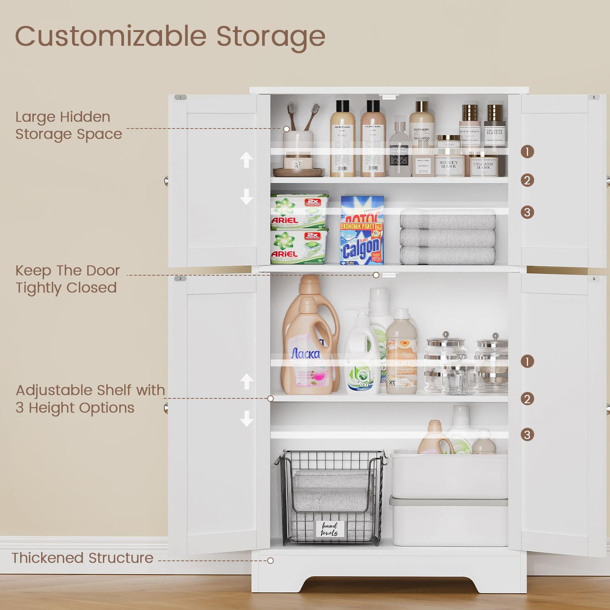 TEENFON Bathroom Floor Storage Cabinet, Freestanding Bathroom Storage Unit with 2 Adjustable Shelves & 4 Doors, 11.8 x 23.6 x 42.7 Inches, White TEENFON