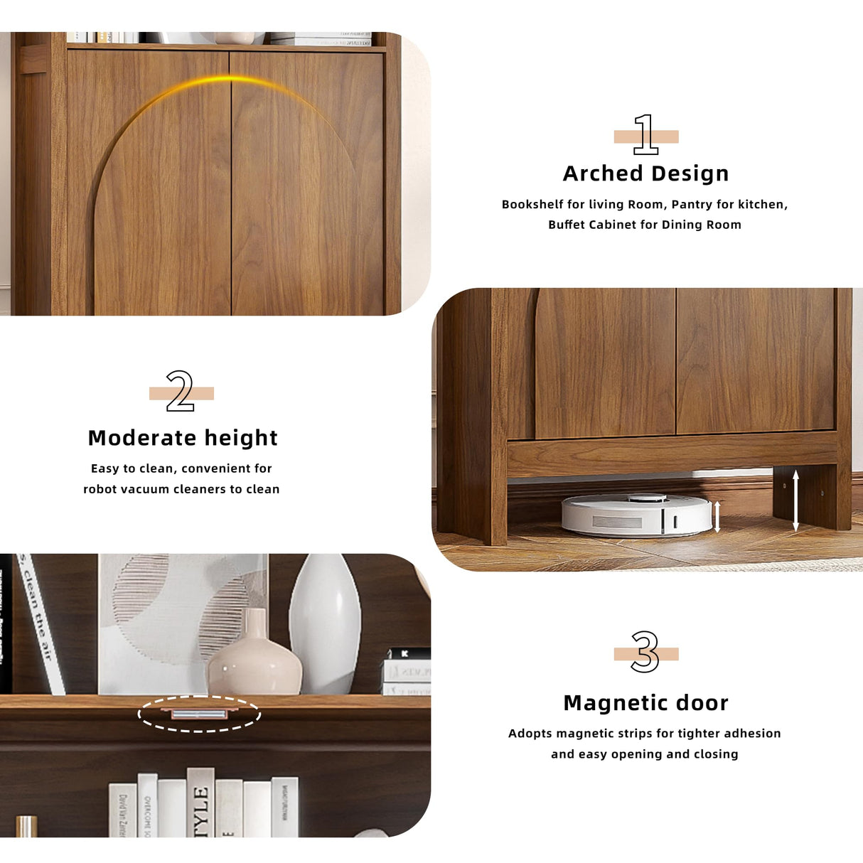 Mid Century Arched Bookcase, 5 Shelf Tall Book Shelf with Doors, 71 Inch Display Case Storage Cabinet, Large Library Arch Bookshelf, Wooden 5 Tier Book Case for Living Room, Office, Brown, Walnut Jluomei