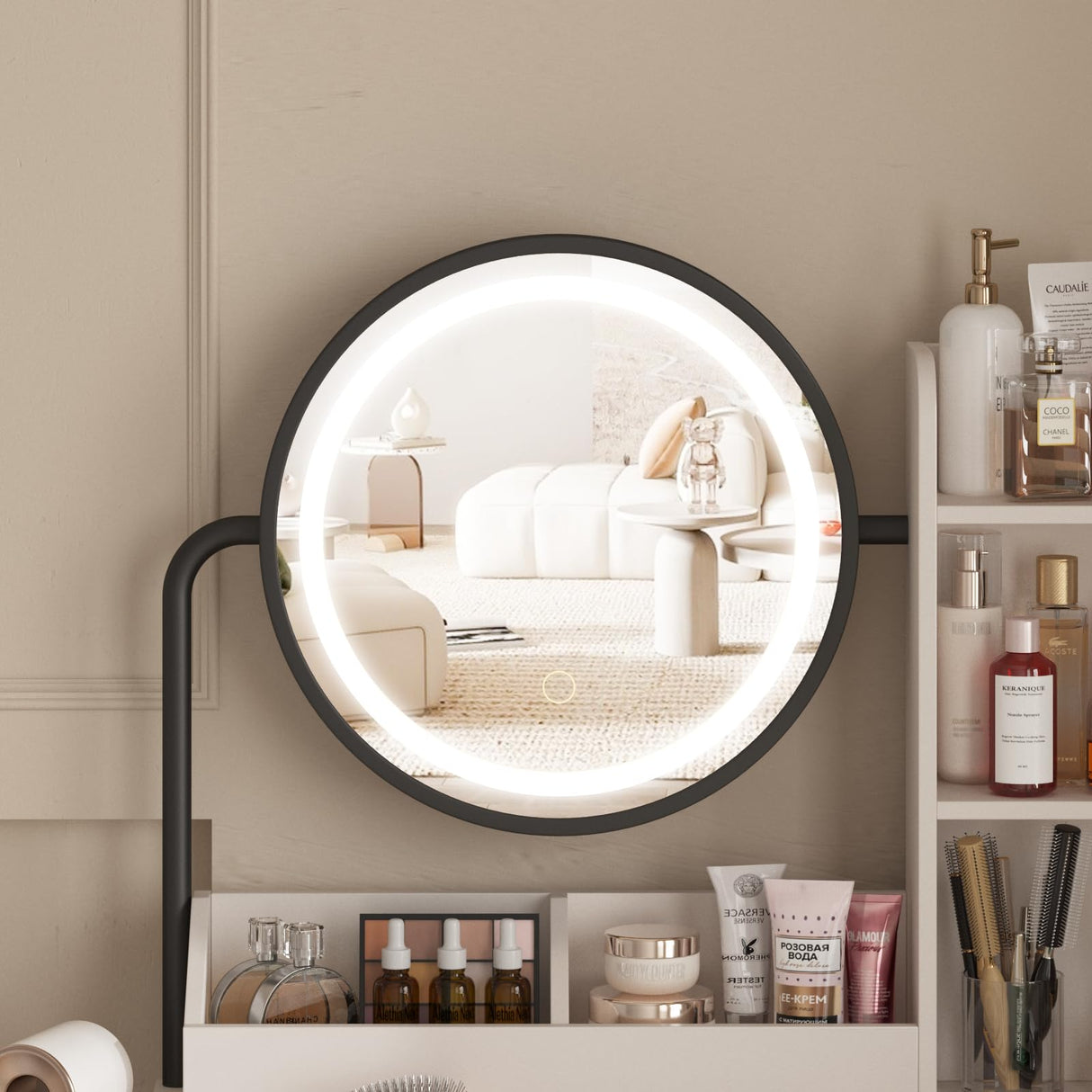 Fameill Makeup Vanity Desk with Lights and Round Mirror, White and Gold Vanity Makeup Table, Small Vanity Set Make Up Vanity with Lots Storage, 3 Lighting Modes, 31.5in(W)… (Traditional) Fameill