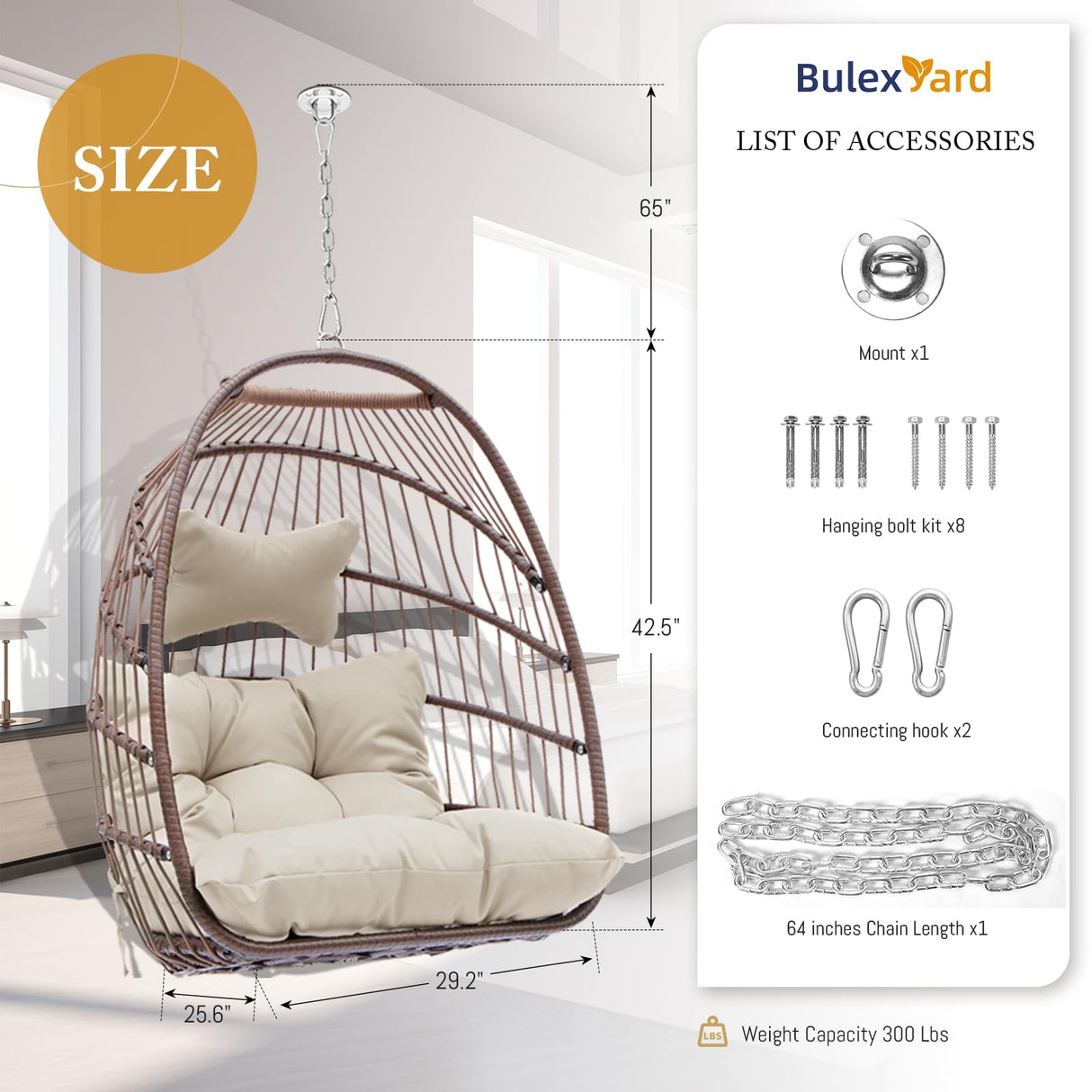 BULEXYARD Hanging Egg Chair Without Stand 350lbs Capacity, Brown Wicker Swing Egg Chair with Beige Cushion for Indoor/Outdoor Patio Porch Balcony, Foldable Hammock & Tree/Ceiling/Beam Mount BULEXYARD