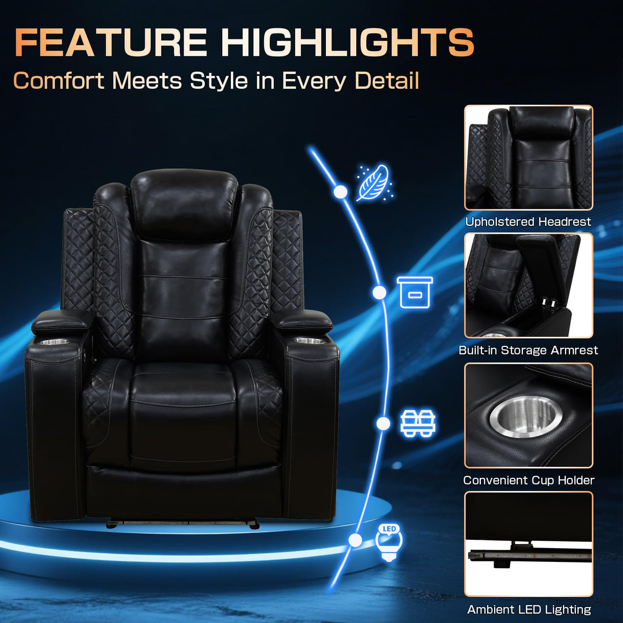 Power Reclining Loveseat Sofa for Home Theater, PU Leather Wall Hugger RV Recliner with Console, 4 Cup Holders, USB & Type-C, LED Lights, 170° Adjustable Backrest, Black Lyngins