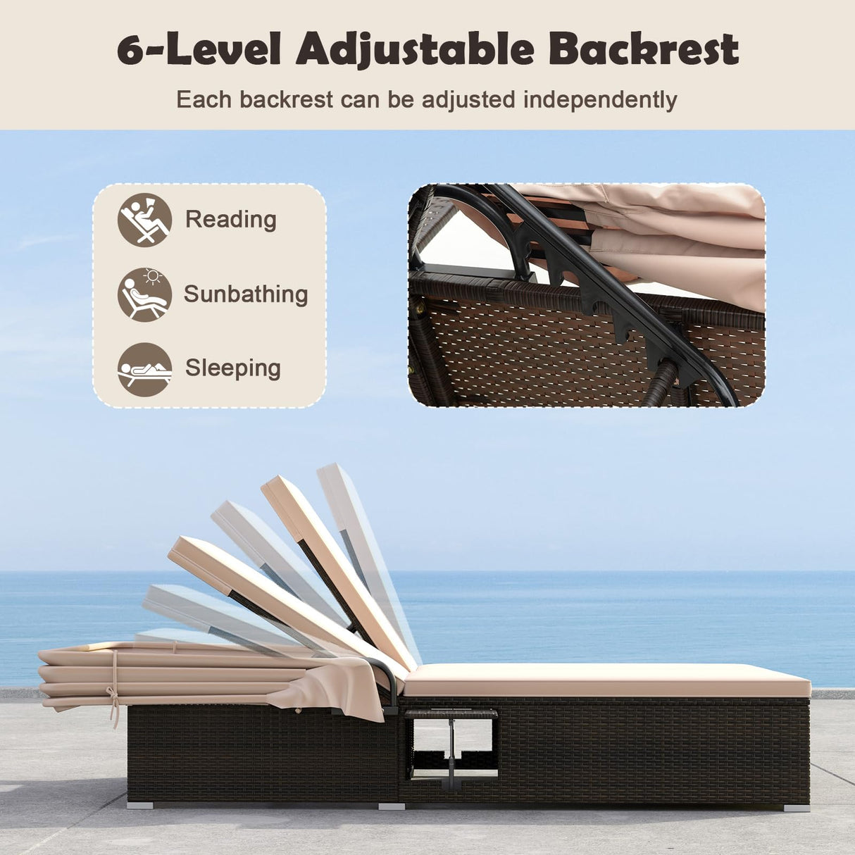 RELAX4LIFE Outdoor Daybed with Retractable Canopy - Wicker Double Chaise Lounge w/6-Position Backrest, 2 Folding Side Trays & Cushions, 2-Seater Loveseat Sunbed for Backyard, Rattan Patio Bed Lounger RELAX4LIFE