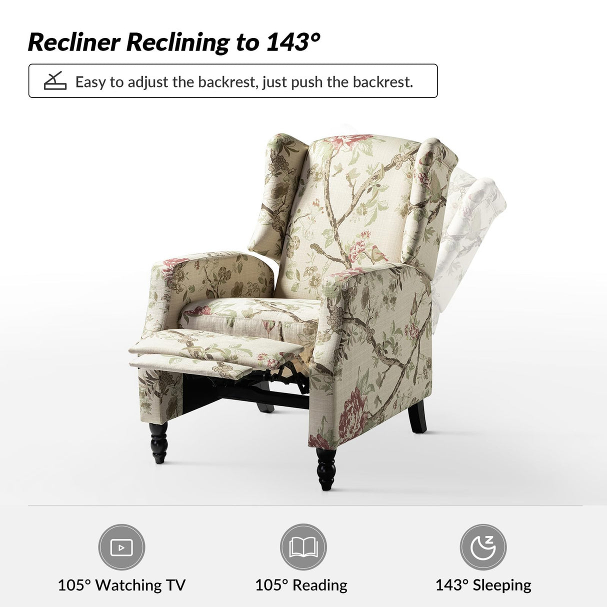 Tina's Home Wingback Recliner Chair, Traditional Push Back Recliner Sofa, Mid Century Modern Lounge Armchair for Living Room, Home Theater Accent Chairs Upholstered Recliners Couches,Bird TINA'S HOME