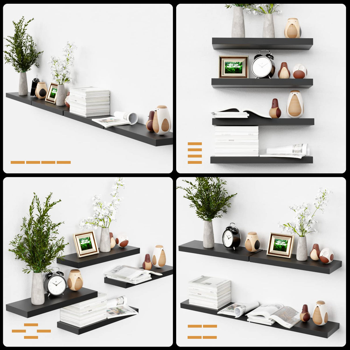 Boswillon Black Floating Shelves for Wall, 4 Sets Wall Mounted Shelves, Display Shelves for Wall Decor, Shelf for Bathroom, Kitchen, Living Room – Black Boswillon