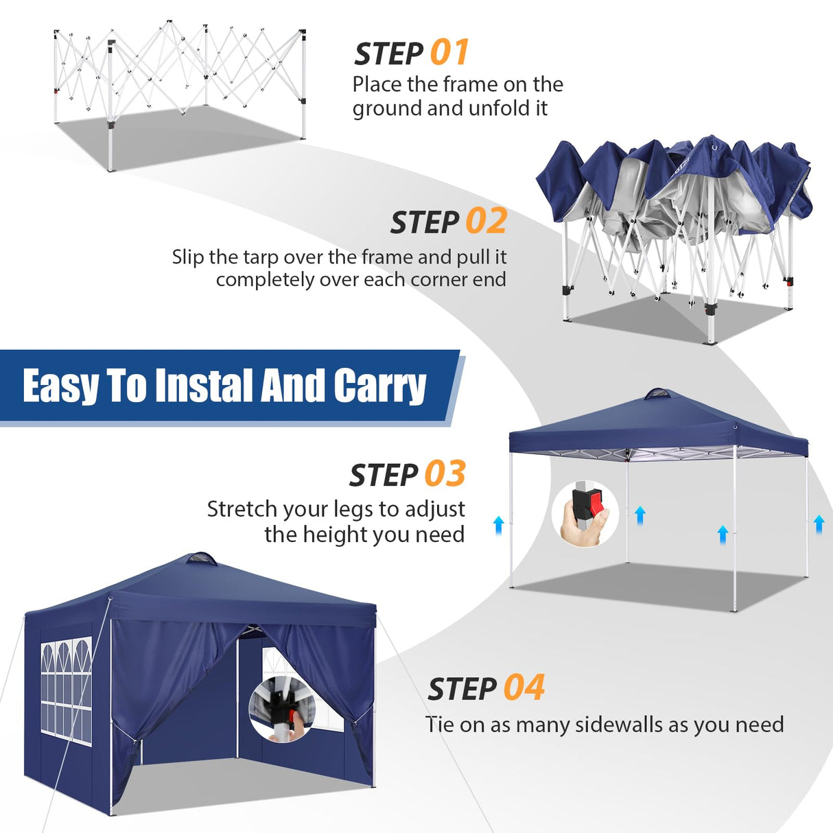 COBIZI 10x10 Pop Up Canopy Tent with 4 Sidewalls, UPF 50+Waterproof Outdoor Canopy with Air Vent, Instant Portable Camping Canopies Gazebo for Commercial Sun Shade Party, 4 Sandbags(Dark Blue) COBIZI