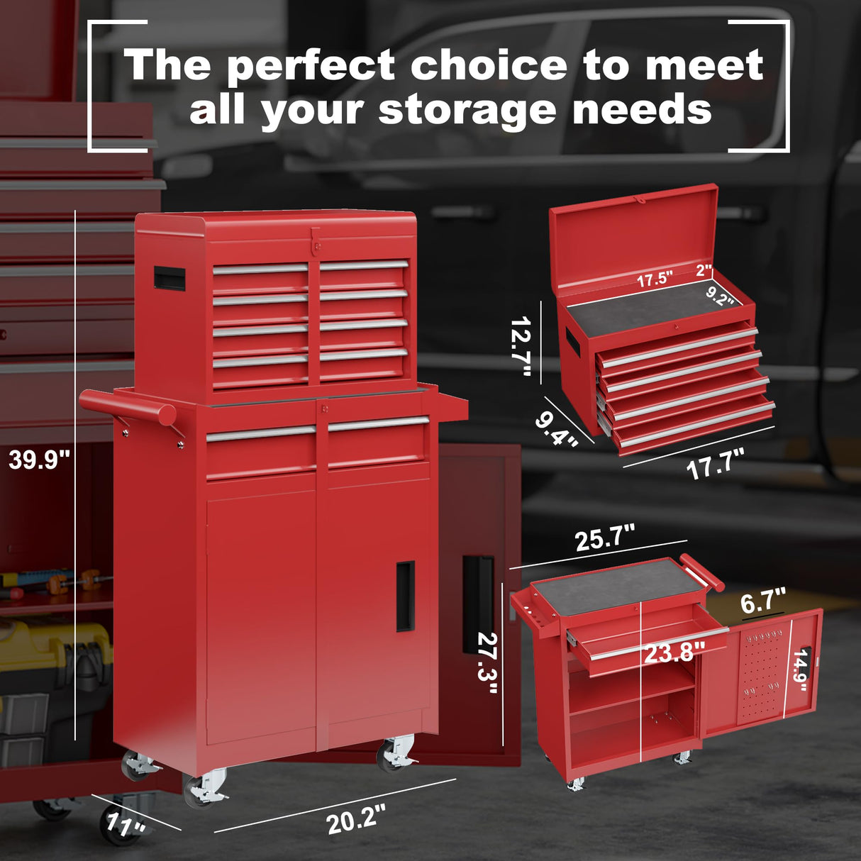 AirWire 5-Drawer Tool Chest, Rolling Tool Storage Cabinet with Detachable Top Tool Box, Enhanced Packaging, Metal Tool Cart for Garage Workshop, Red AirWire