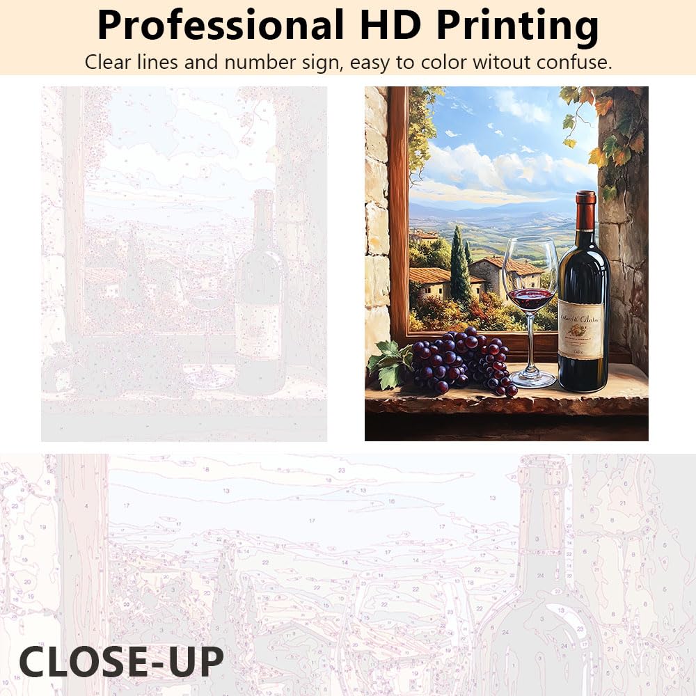 Paint by Numbers Kit for Adults Beginner - Vineyard Window View with Bottle and Glass of Red Wine, Grapes and Scenic Landscape, Relaxing DIY Arts and Crafts for Adults - 16x20 Inch TUMOVO