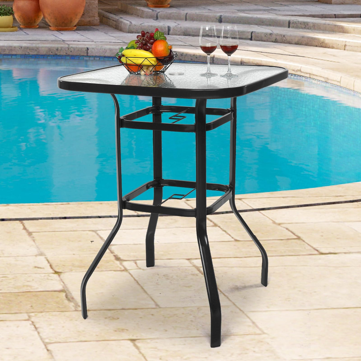 VINGLI Outdoor Bar Table with Umbrella Hole Metal Patio Bar Table, Outdoor Bar Height Table Pub Table for Patio High Top Table (Black) VINGLI