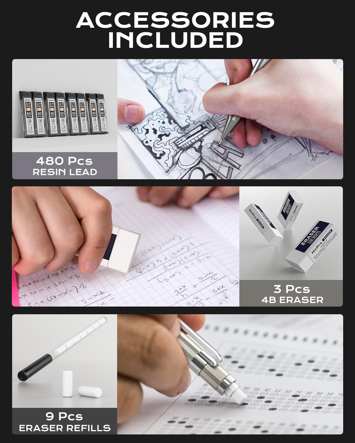 Nicpro 4 Pack Mechanical Pencil 0.7mm with Case, MB1000 Metal Mechanical Pencil Set with 8 Tube HB #2 Lead Refill 0.7 mm, 3PCS 4B Eraser, 9 Cap Eraser for Artist Drafting Writing, Sketching, Drawing Nicpro