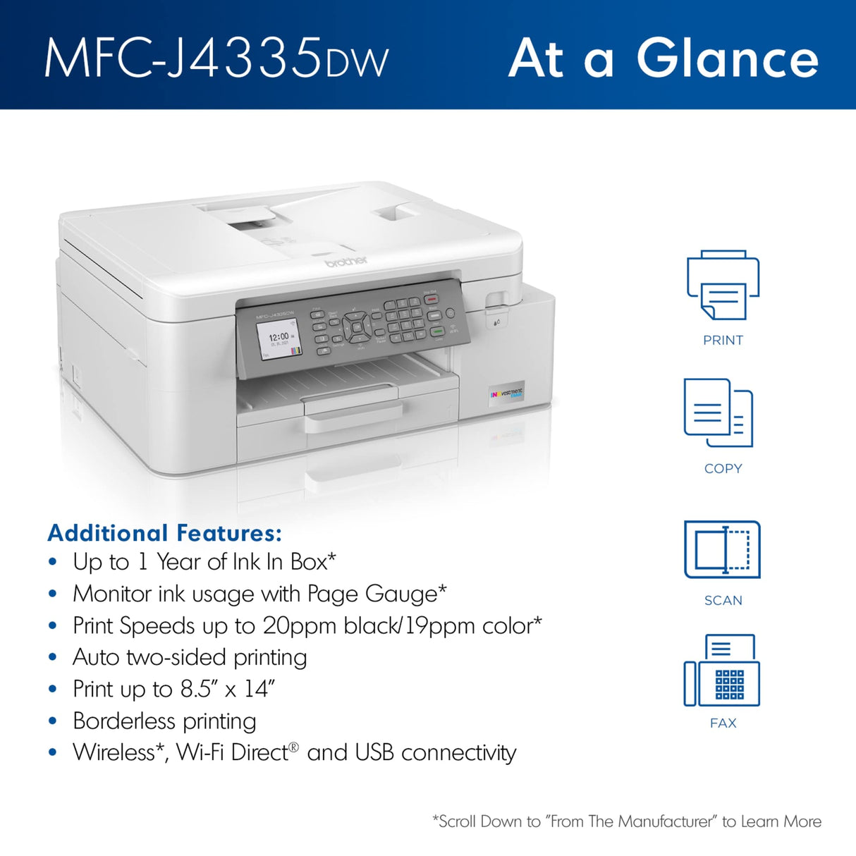 Brother MFC-J4335DW INKvestment Tank All-in-One Printer with Duplex and Wireless Printing Plus Up to 1-Year of Ink in-Box Brother