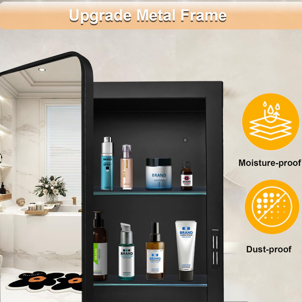 MEETDH 18"x26" Medicine Cabinet Mirror, Black Bathroom Cabinet with Mirror Wall-Mounted or Recessed, Bathroom Vanity Mirror with Storage, Solid Metal Frame, Adjustable Glass Shelves MEETDH