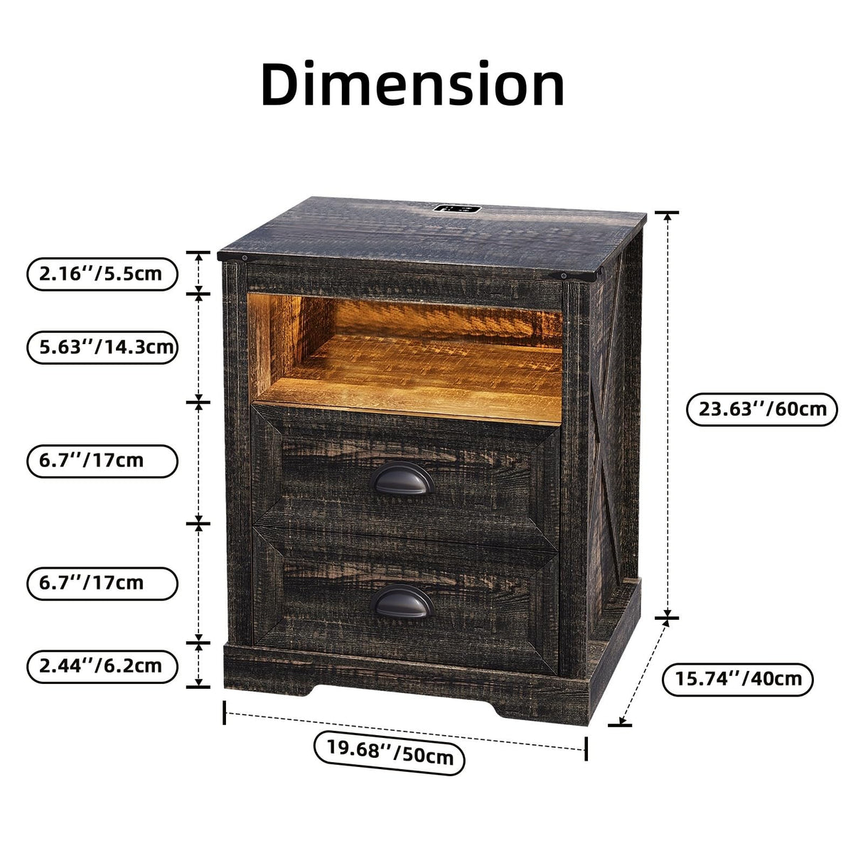 FONTOI Farmhouse Nightstand, End Table with Drawers & Charging Station, Bedside Table with 3 LED Lights Modes, Wood Nightstand with Smart Human Sensor for Bedroom, Brown, Set of 2 FONTOI