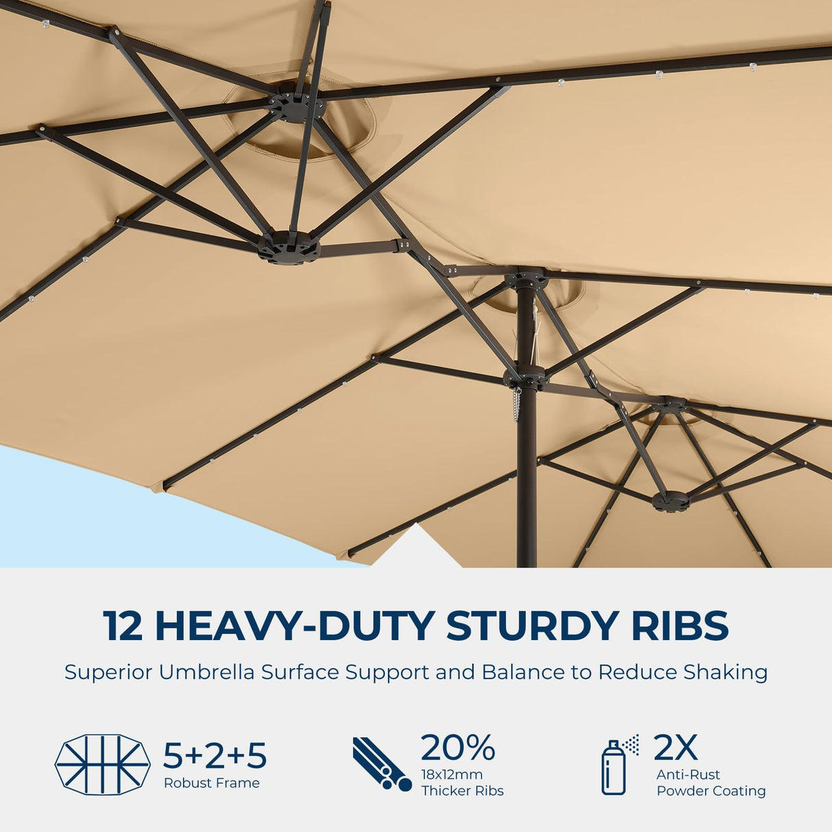 HOMSHADE Double Sided Patio Umbrellas - 15ft Solar Lights LED Lighted Outdoor Extra Large Market Table Umbrella with Base Included, Oversized Umbrella for Deck, Pool, Backyard (Beige) HOMSHADE